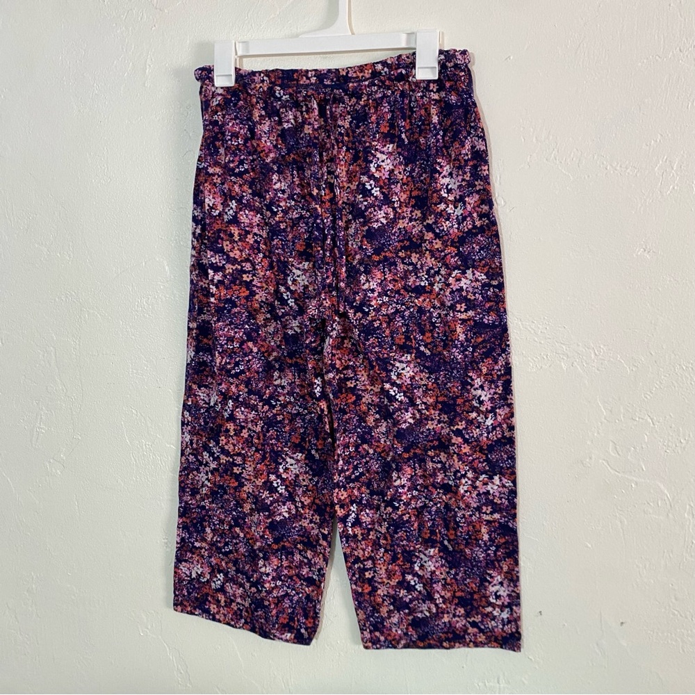 Wide Leg Crop Lounge Pants Floral Print Drawstring Waist Women’s Medium Baggy